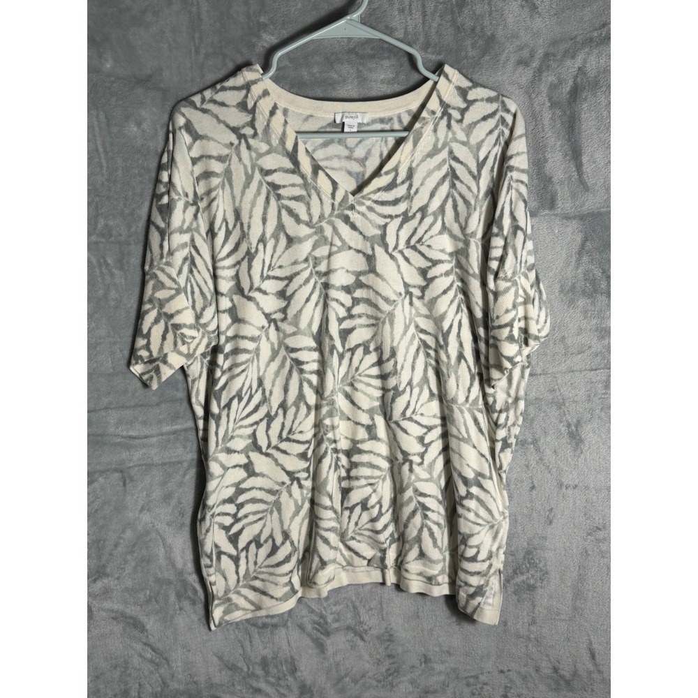 Pure Jill J. Jill Womens Grey Cream Palm Leaf V-Neck Knit Top Sweater‎ Size L